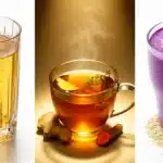 Detox drinks receitas que funcionam: três bebidas funcionais em linha, tônico ACV dourado com rodela de limão, chá anti-inflamatório âmbar com gengibre e açafrão fumegante sob spotlight dourado e smoothie roxo de mirtilo com psyllium e sementes.