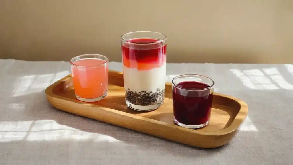 Gelatina no jejum intermitente: três opções de lanchinho na janela de alimentação em bandeja de madeira, gelatina rosa leve pós-almoço, gelatina em camadas com iogurte e chia para o meio da tarde e gelatina escura de cereja para a noite.