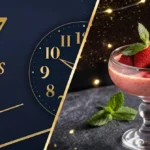 Gelatina no jejum intermitente pode ou não: relógio dourado mostrando protocolo de 16 horas de jejum e 8 horas de alimentação ao lado de copo elegante com gelatina rosa de morango e hortelã fresca em fundo azul-marinho.