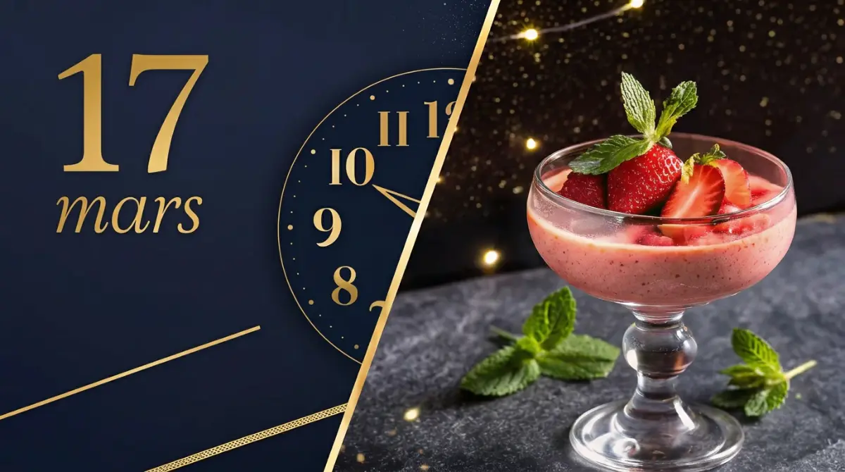 Gelatina no jejum intermitente pode ou não: relógio dourado mostrando protocolo de 16 horas de jejum e 8 horas de alimentação ao lado de copo elegante com gelatina rosa de morango e hortelã fresca em fundo azul-marinho.