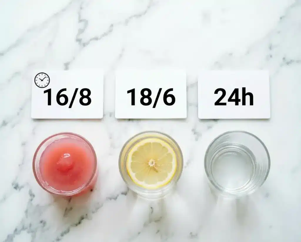 Gelatina no jejum intermitente pode ou não, por protocolo: card 16/8 com gelatina rosa permitida na janela, card 18/6 com água e limão durante o jejum, card 24h com água pura apenas, sobre mármore branco.