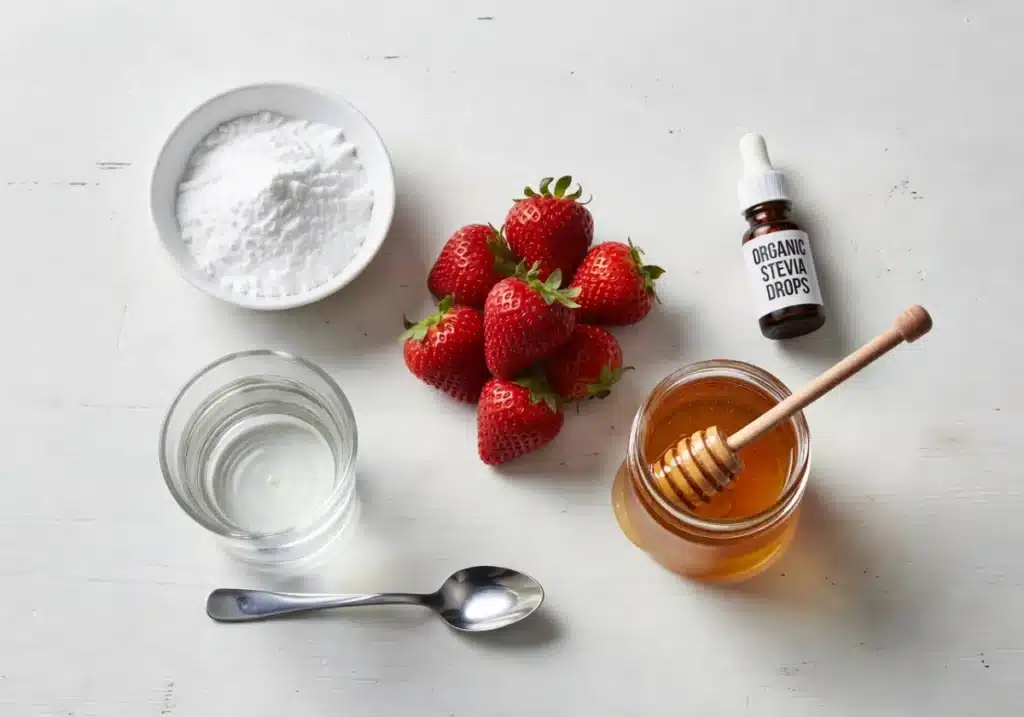 Ingredientes para receita de gelatina para emagrecer: gelatina em pó, morangos frescos, mel, stevia orgânica e água.