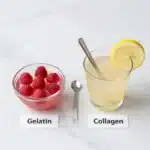 Gelatina x colageno para emagrecer: tigela de gelatina rosa com morangos frescos e hortelã versus pote aberto de colageno hidrolisado em pó com colher dosadora e copo de água, separados por linha dourada.