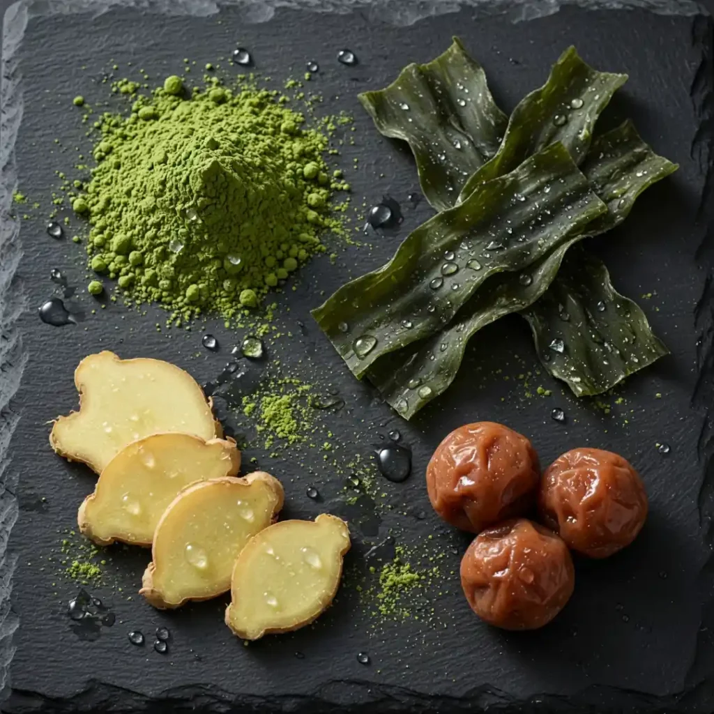 Japanese Mounjaro ingredients: macro, matcha, kombu, ginger, umeboshi, weight loss