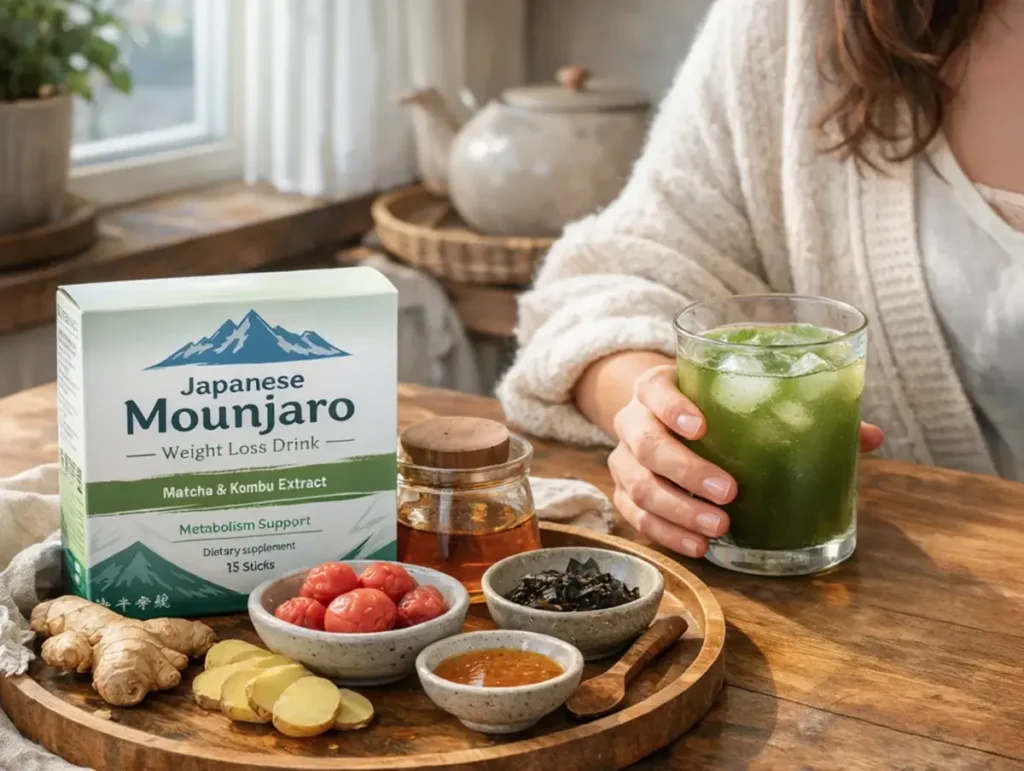 Japanese Mounjaro lifestyle woman drinking matcha kombu weight loss drink