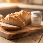 Sliced psyllium bread loaf on a wooden cutting board with a jar of psyllium husk powder.