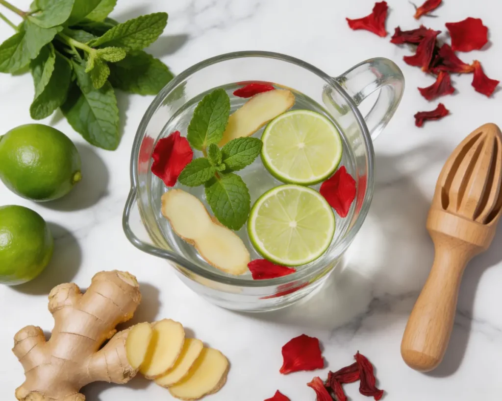 Vinagre de maçã para inchaço funciona: bebida refrescante com gengibre, limão, hortelã e pétalas de rosa para digestão.