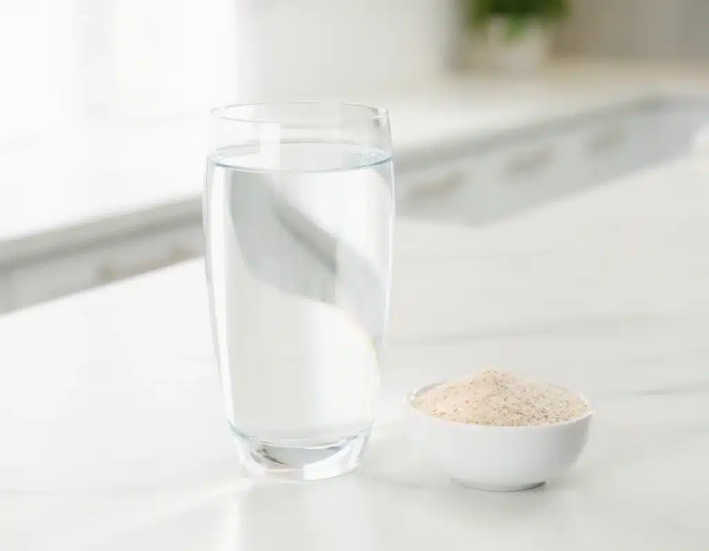 Glass of water next to a small bowl of psyllium husk fiber on a kitchen counter.