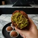 Chewy Dubai chocolate cookie with a gooey pistachio filling, held in hand and shown as a close-up hero image.