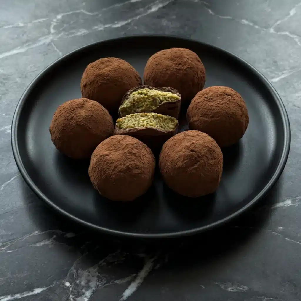 Dubai chewy chocolate cookies served on a black plate, dusted with cocoa powder and filled with a gooey pistachio center.