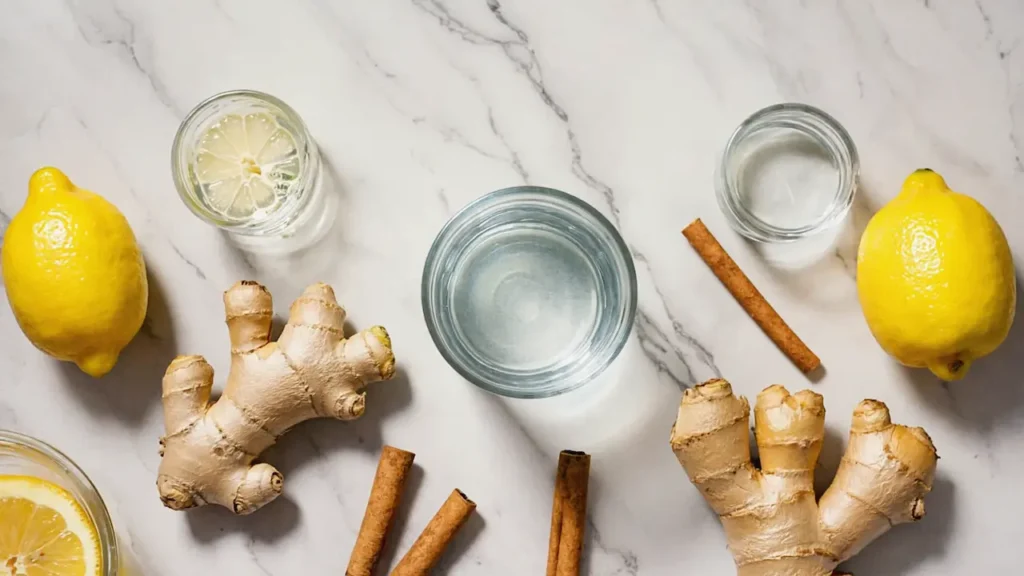 Ingredientes da receita Mounjaro natural dra. Andreia sobre bancada de mármore, com limão, gengibre, canela e água