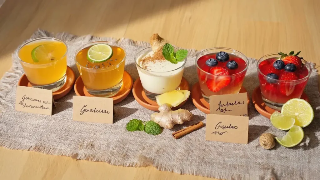 Warm editorial image of a golden gelatin drink with lemon, ginger, honey, cinnamon, and fresh ingredients on a rustic wooden table.