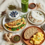 Café da manhã com Mounjaro rico em proteína: iogurte grego, omelete, smoothie matcha, tapioca com frango e pão de aveia com ovos mexidos.