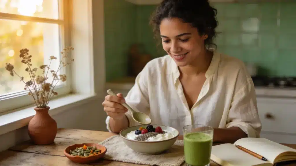 Mulher sorrindo ao preparar café da manhã com Mounjaro rico em proteína, iogurte grego, frutas vermelhas, chia e smoothie de matcha.
