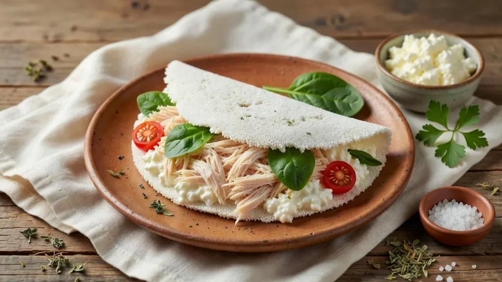 Tapioca recheada com frango e cottage do café da manhã com Mounjaro, rica em proteína, em prato de cerâmica terracota com espinafre e tomate.