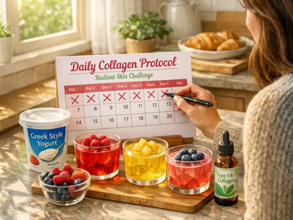 Gelatin Light daily collagen challenge women, marking a 21-day tracker yogurt, gelatin, and weight loss