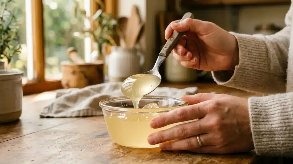 Gelatina bariátrica Dr. Juan Rivera textura real con cuchara en preparación casera