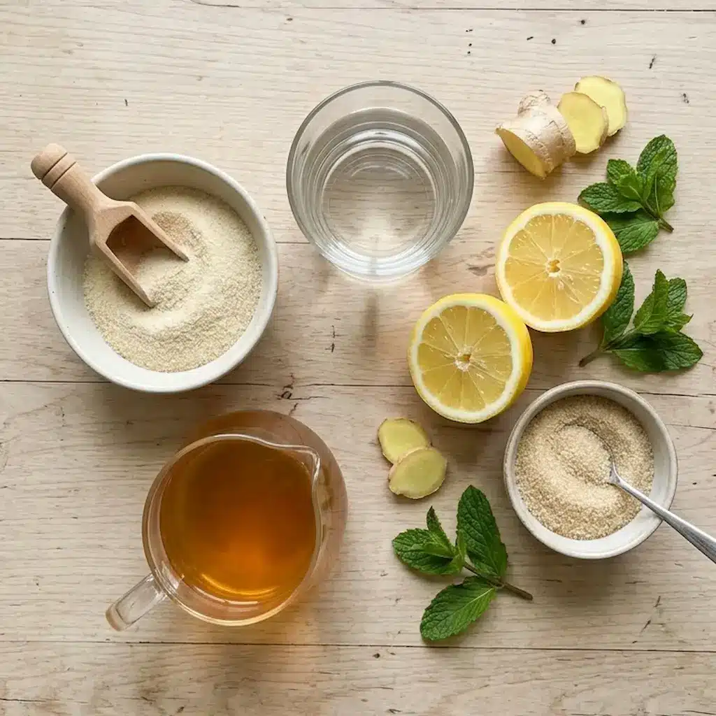 Ingredientes gelatina bariátrica Dr. Juan Rivera con limón, jengibre y gelatina sin sabor.