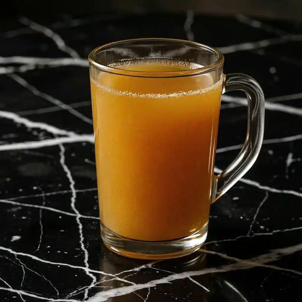 Mounjaro natural receita Dra Luana drinks in a clear glass on a dark marble counter, styled as a simple apple cider vinegar wellness tonic.
