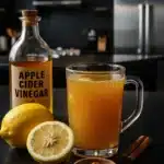 Mounjaro natural receita Dra Luana hero image with apple cider vinegar, lemon, cinnamon, and a glass of wellness tonic on a dark kitchen counter.