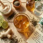 Receita do mounjaro de pobre com gelatina em estilo realista, com ingredientes naturais como limão, gengibre, mel e gelatina sobre mesa de madeira.