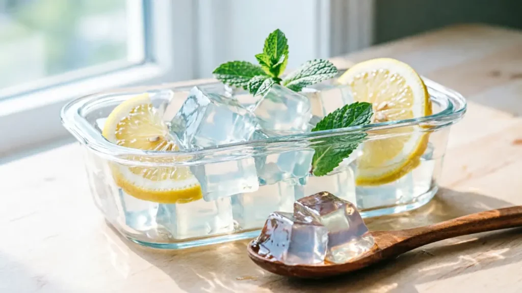 receita de gelatina do Dr. Gupta: cubos gelados de gelatina com limão e hortelã para lanche saudável