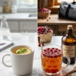 Dr. Gupta and Jillian Michaels' Gelatin Tricks: Split-screen visual comparison showing a warm lemon gelatin drink with glycine molecule overlay alongside a cranberry apple cider vinegar gelatin beverage.