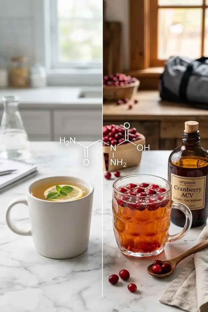 Dr. Gupta and Jillian Michaels' Gelatin Tricks: Split-screen visual comparison showing a warm lemon gelatin drink with glycine molecule overlay alongside a cranberry apple cider vinegar gelatin beverage.
