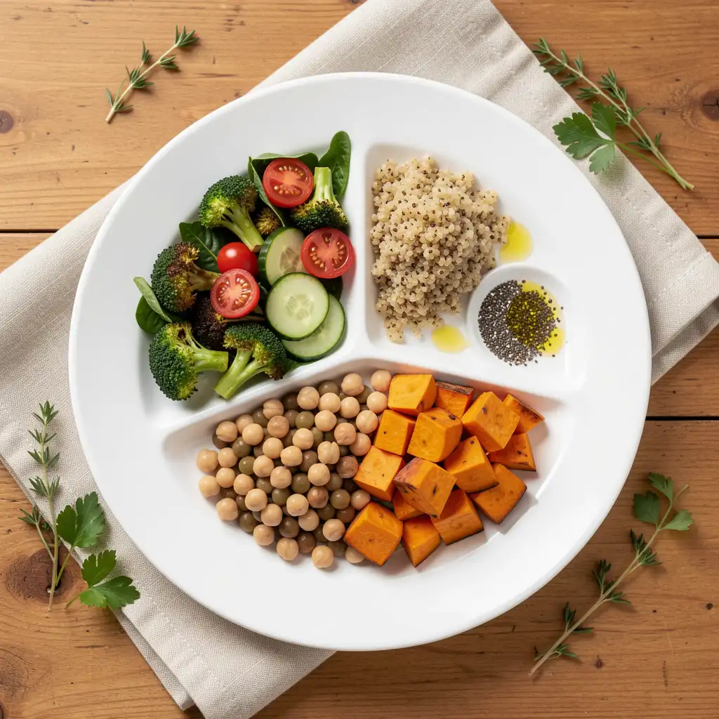 Eric Topol's fiber habit plate template showing half vegetables, quarter chickpeas, quarter quinoa and sweet potatoes, with chia seeds and olive oil for whole-food daily fiber.