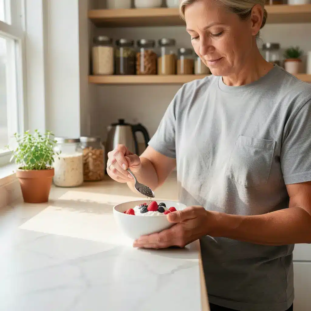 Eric Topol's fiber habit: woman adding chia seeds to Greek yogurt bowl with fresh berries for high-fiber whole-food breakfast.