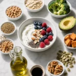 Eric Topol's fiber habit: whole-food Mediterranean pattern with Greek yogurt bowl topped with berries, nuts, chia seeds, surrounded by chickpeas, oats, broccoli, avocado, sweet potato, walnuts, pumpkin seeds, and olive oil for 25-35g daily fiber