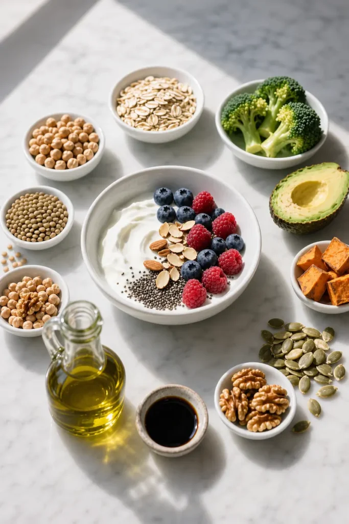 Eric Topol's fiber habit: whole-food Mediterranean pattern with Greek yogurt bowl topped with berries, nuts, chia seeds, surrounded by chickpeas, oats, broccoli, avocado, sweet potato, walnuts, pumpkin seeds, and olive oil for 25-35g daily fiber