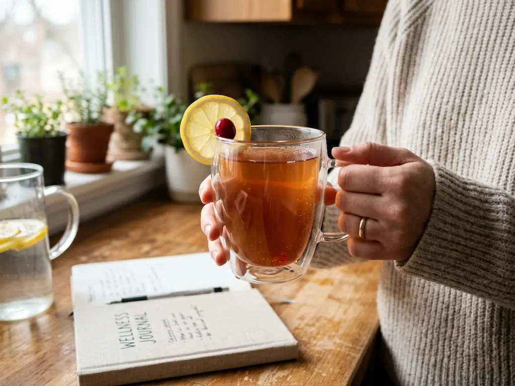 Dr. Gupta and Jillian Michaels' Gelatin Tricks: A person holding a double-walled glass mug of the finished hybrid gelatin drink, garnished with lemon and cranberry, next to a wellness journal in a cozy sunlit kitchen.