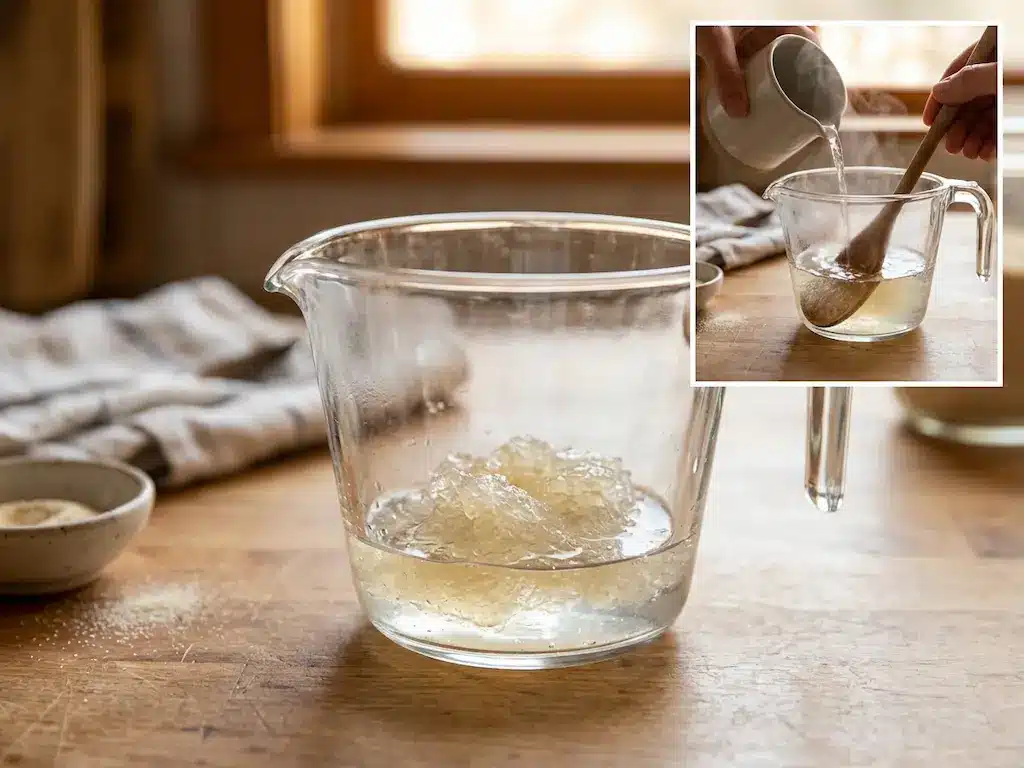 Dr. Gupta and Jillian Michaels' Gelatin Tricks: Close-up of gelatin blooming in cold water and being dissolved with hot water in a glass measuring cup.