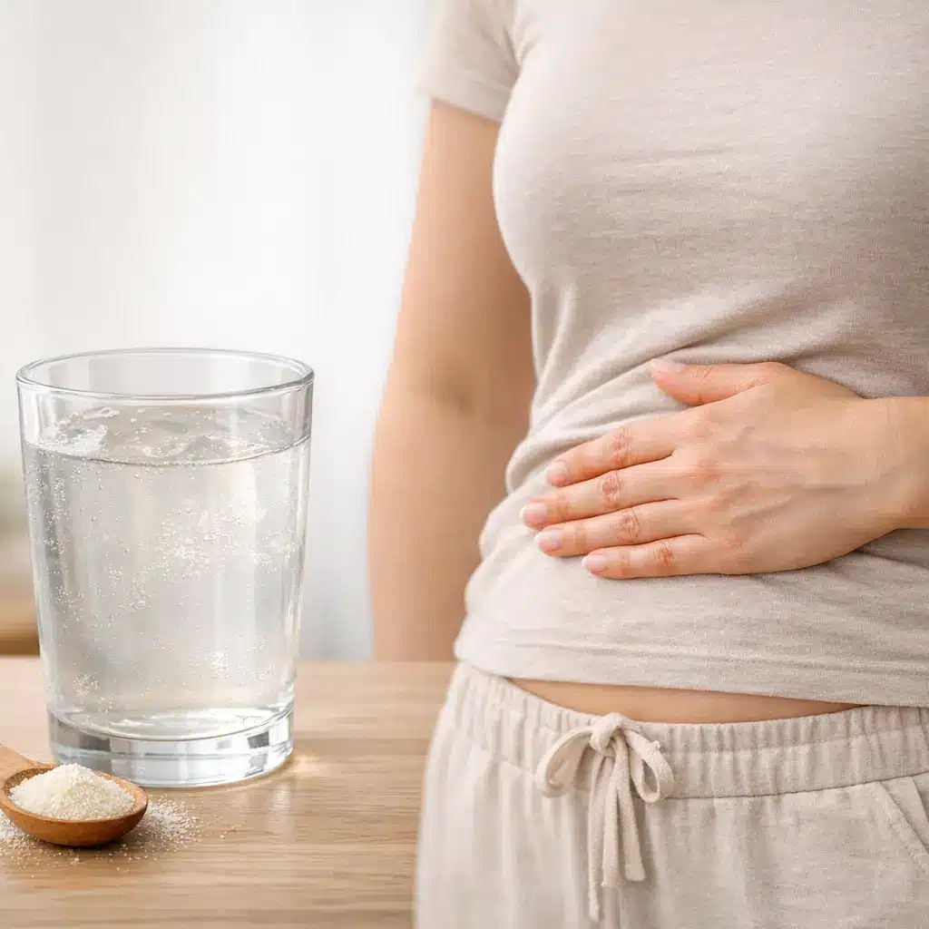 Mujer con dolor abdominal junto a un vaso de gelatina sin sabor para ilustrar cuánta gelatina se puede comer al día