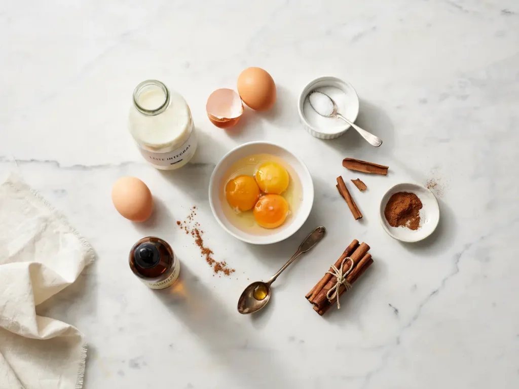 Gemada tradicional ingredientes: gema de ovo, leite integral, açúcar, canela e baunilha dispostos em flat lay sobre mármore branco.