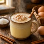 Gemada tradicional brasileira em caneca de cerâmica com canela polvilhada, bebida quente caseira com gema de ovo e leite.