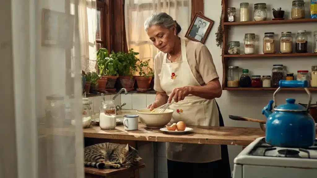 Vovó brasileira preparando gemada tradicional na cozinha rústica, batendo gema com açúcar em tigela de cerâmica.