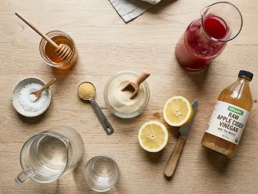 Dr. Gupta and Jillian Michaels' Gelatin Tricks: Overhead flat lay of recipe ingredients including unflavored gelatin, apple cider vinegar, cranberry juice, lemon, and honey.
