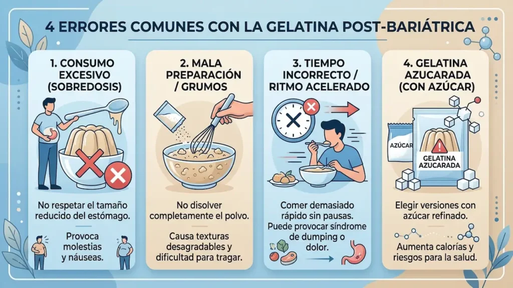 Infografía con errores gelatina bariatrica sobre consumo excesivo, mala preparación, tiempo incorrecto y gelatina azucarada