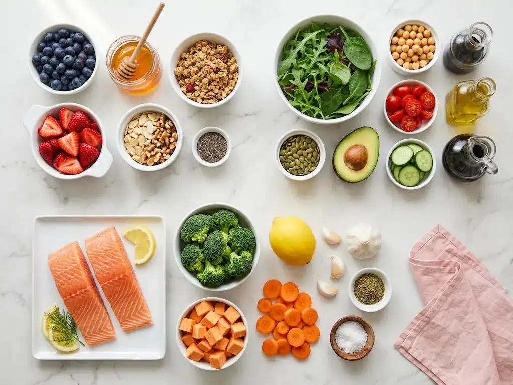 Ingredients for What Eric Topol Eats in a Day: Fresh salmon, berries, Greek yogurt, nuts, seeds, leafy greens, chickpeas, and vegetables arranged on marble