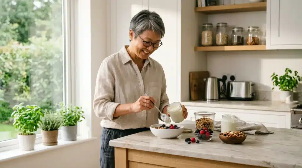 What Eric Topol Eats in a Day: Woman preparing high-fiber longevity breakfast bowl with Greek yogurt, berries, and granola in bright modern kitchen