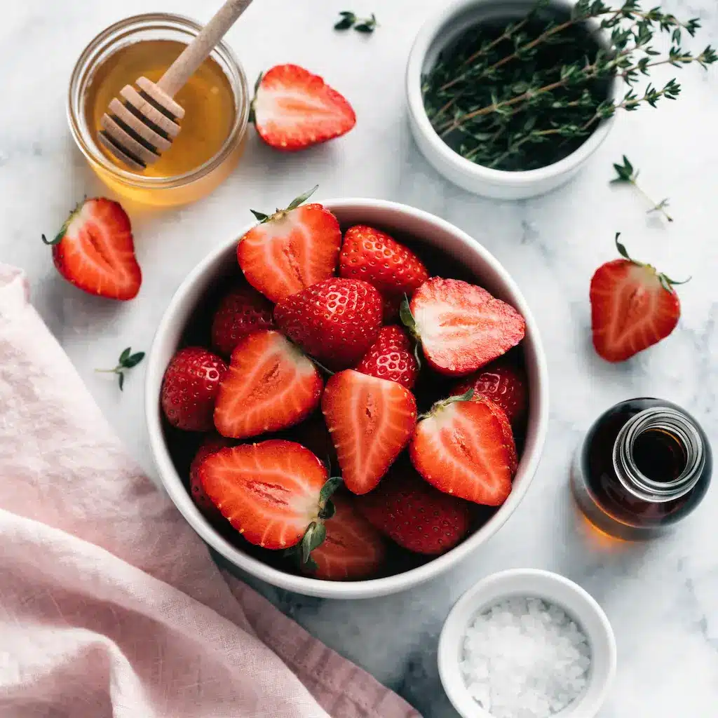 Ingredients for roasted strawberry whipped ricotta toast: fresh halved strawberries, honey with wooden dipper, fresh thyme, balsamic vinegar, and flaky sea salt on marble.