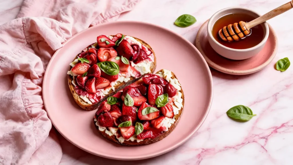 Roasted strawberry whipped ricotta toast on pink plate with fresh basil and honey drizzle: viral brunch recipe with creamy ricotta and jammy strawberries on crispy sourdough.