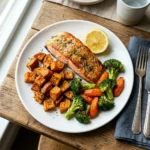 What Eric Topol Eats in a Day: Baked salmon fillet with roasted sweet potatoes, broccoli, carrots, and lemon wedge on white plate