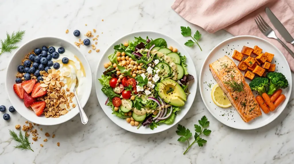 What Eric Topol Eats in a Day: Three longevity-focused meals showing Greek yogurt berry breakfast bowl, big green salad with chickpeas, and baked salmon with roasted vegetables on marble surface