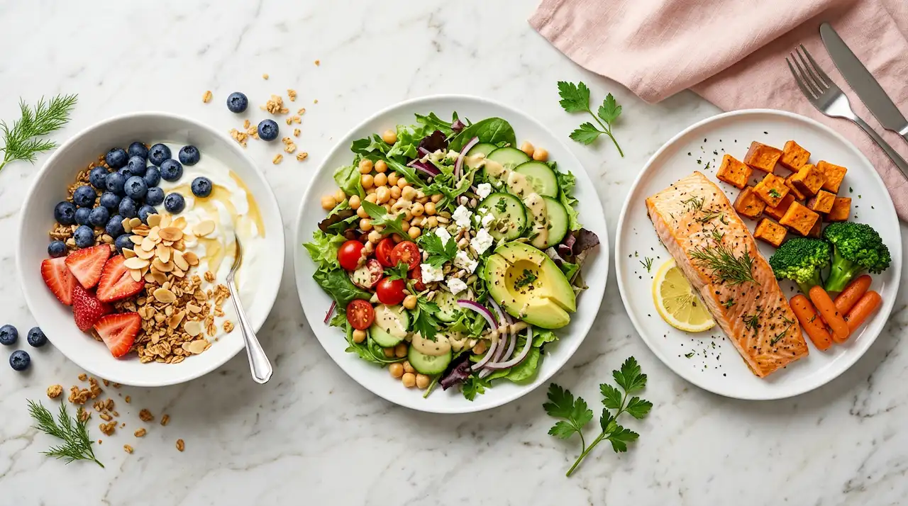 What Eric Topol Eats in a Day: Three longevity-focused meals showing Greek yogurt berry breakfast bowl, big green salad with chickpeas, and baked salmon with roasted vegetables on marble surface