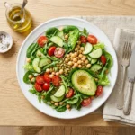 What Eric Topol Eats in a Day: Big Green Longevity Salad with chickpeas, avocado, cherry tomatoes, cucumber, and pumpkin seeds on light wooden table