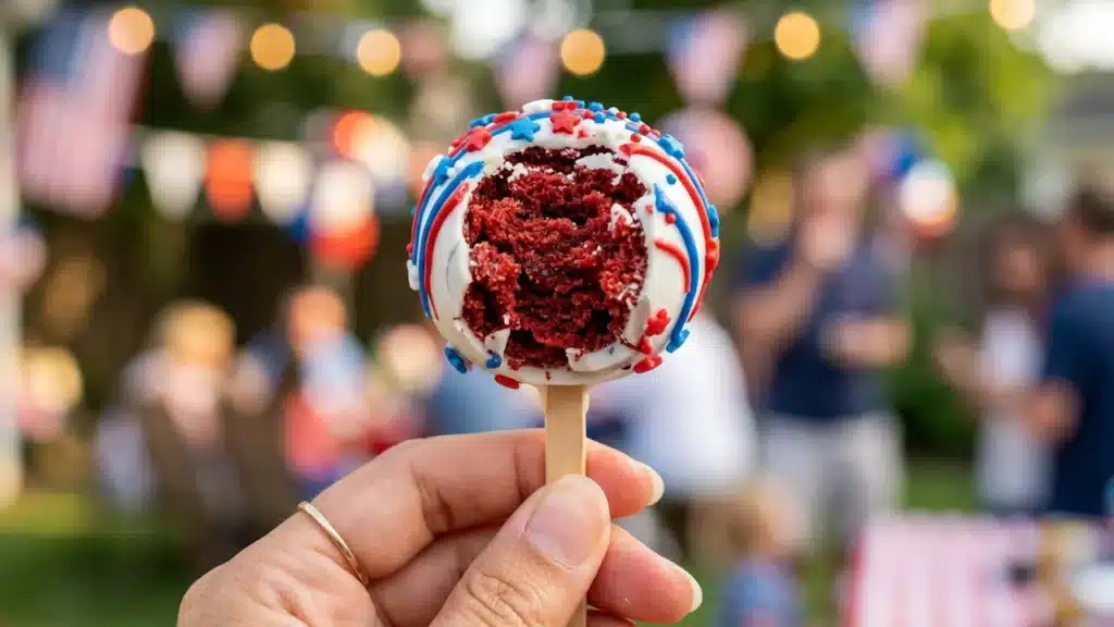 Close up of a hand holding a 4th of july cake pop with a bite taken out, showing the moist cake interior and white candy coating.