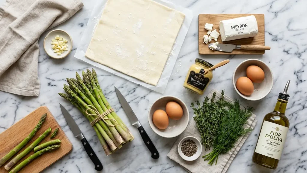 Asparagus galette recipe ingredients flat lay showing puff pastry, fresh asparagus, goat cheese, Dijon mustard, and herbs on a marble counter.